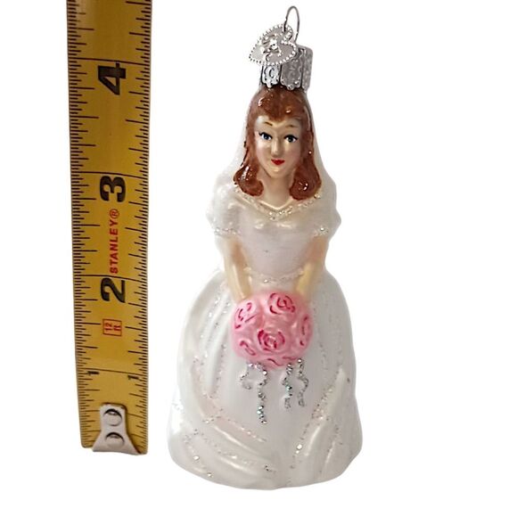 Old World Christmas Bride Ornament Brunette White Dress Roses Vintage Glass OWC - Picture 2 of 15